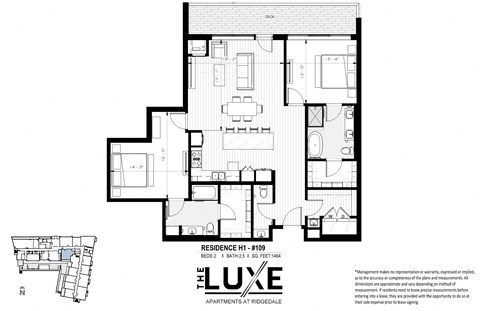 Floor plan for 2 beds, 2.5 baths, 1464 sqft